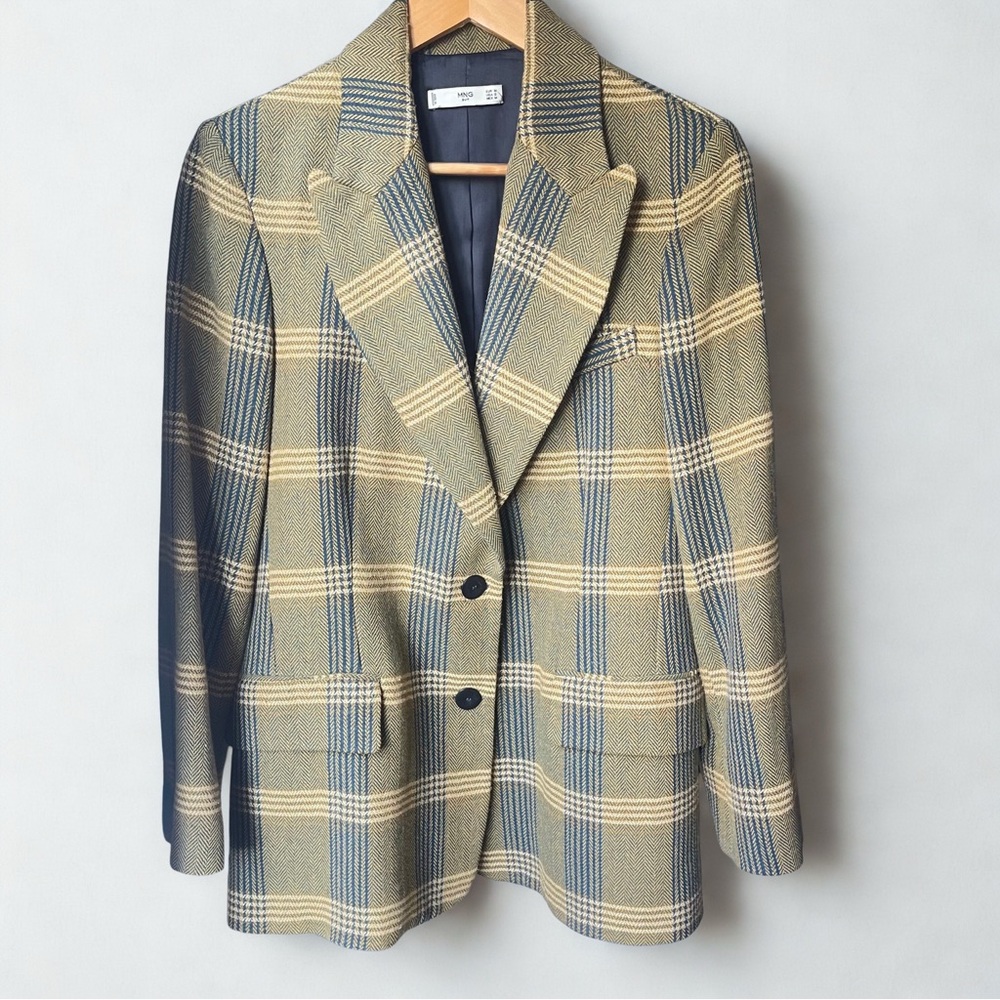 Mango Olive Green and Tan Checkered Blazer